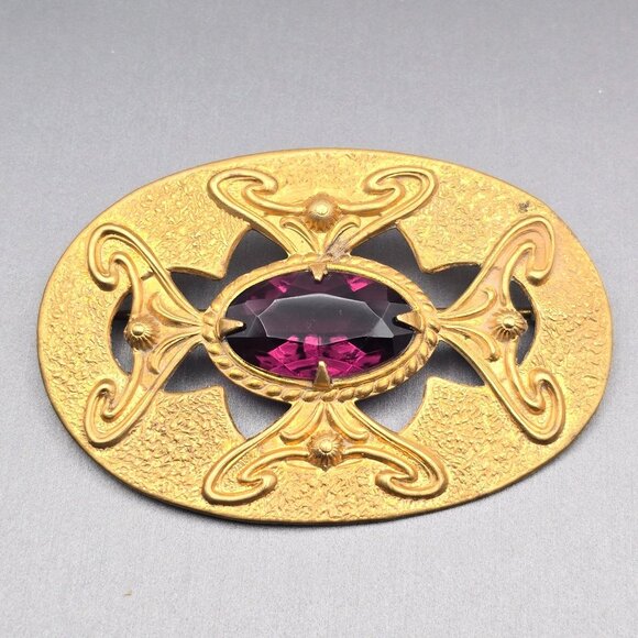 Estate Jewelry Jewelry - Art Nouveau Style Gold Tone Sash Pin Brooch Faceted Amethyst Glass Statement